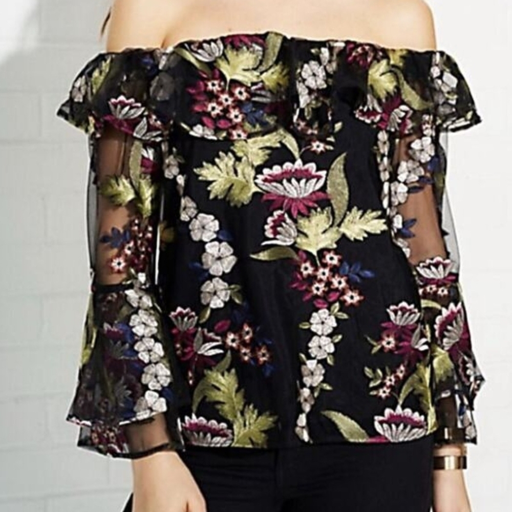 Amanda Uprichard Black Floral Off-Shoulder Blouse